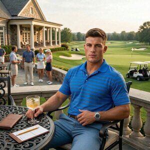 Greg Norman Men Medium Polo Blue Striped Play Dry Performance Elevated Archival